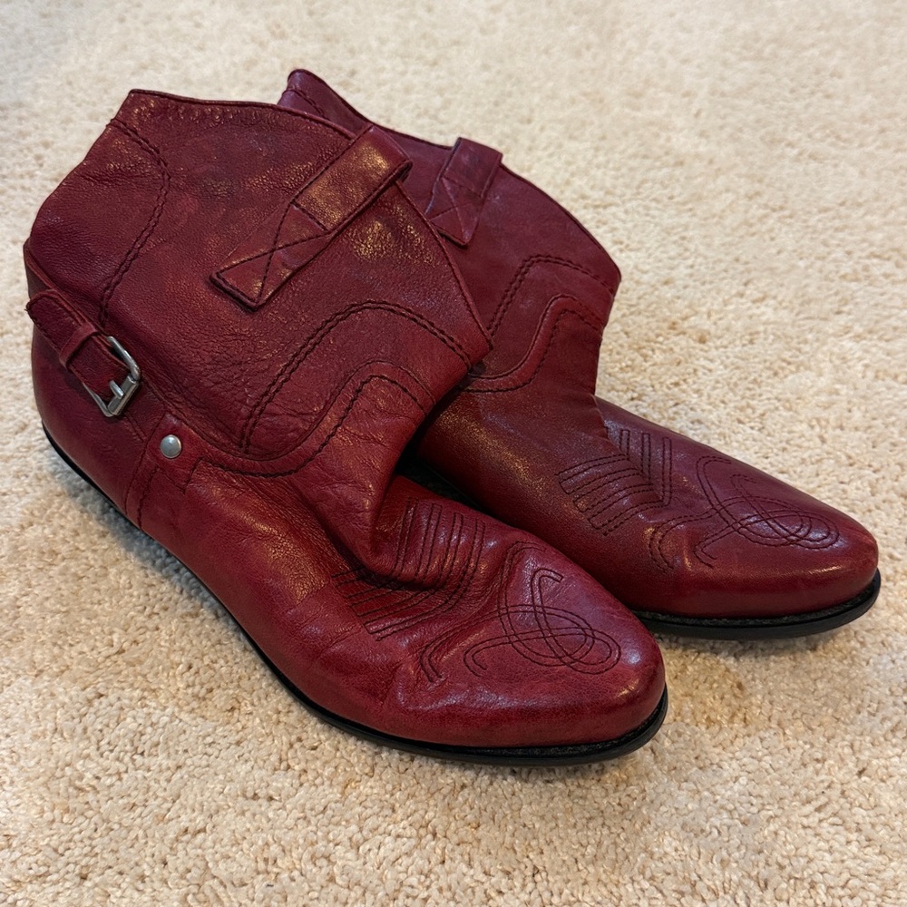 Frank Santo Red Leather Ankle Boots with Buckles Size 8
